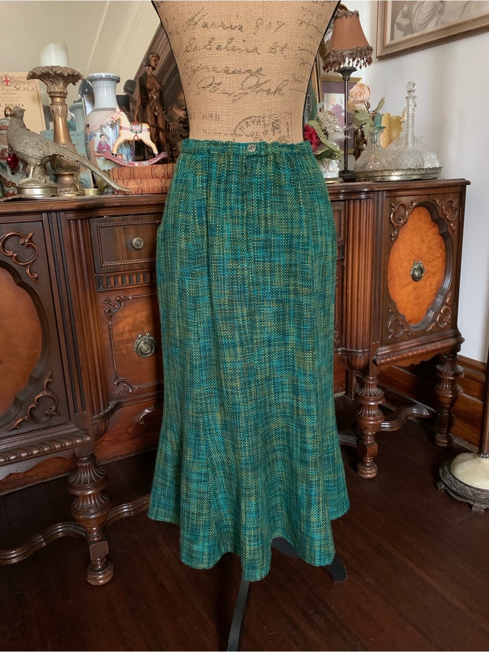 Vintage Victorian-inspired 50's-inspo Edwardian-inspo Turquoise Tweed Skirt - Picture 4 of 16